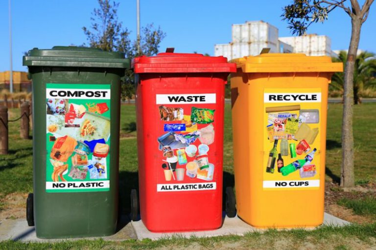 Waste Management - red yellow and green trash bins