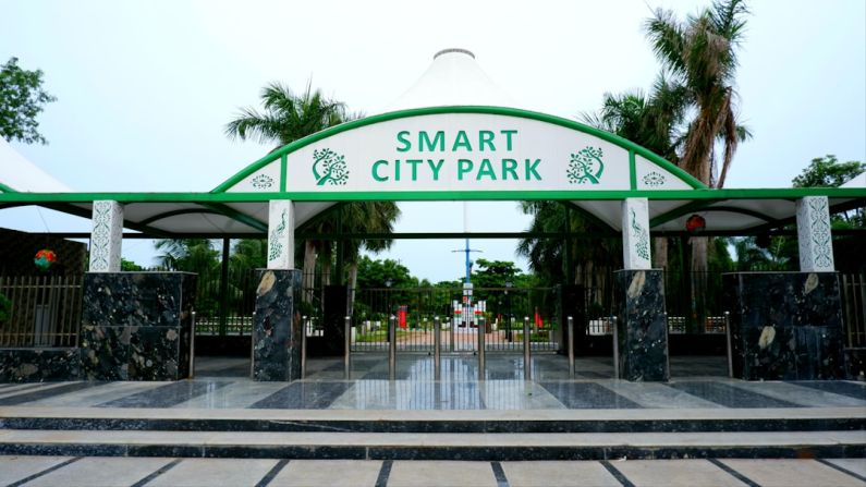Smart Park - a green and white smart city park entrance