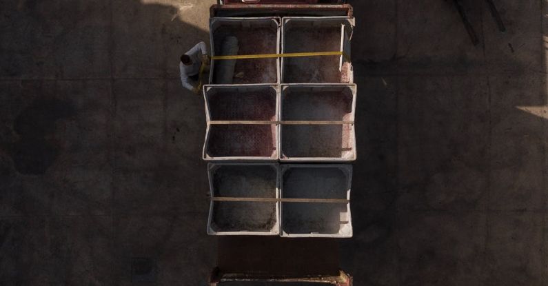 Drones Delivery - Aerial view of shabby truck with empty boxes parked in loading area with forklift and people nearby